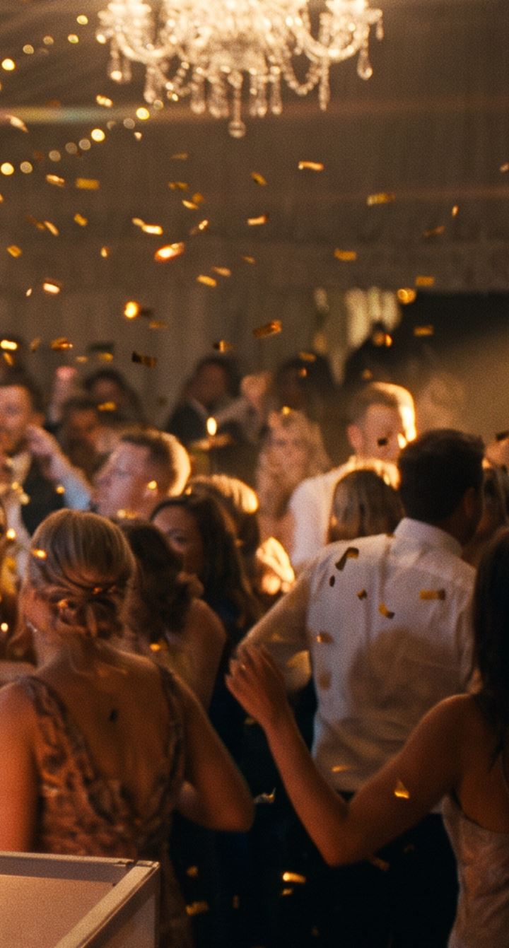 Chandelier over a packed dance floor